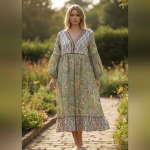 Boho Contrasting Floral V-Neck Maxi Dress in Sage Green